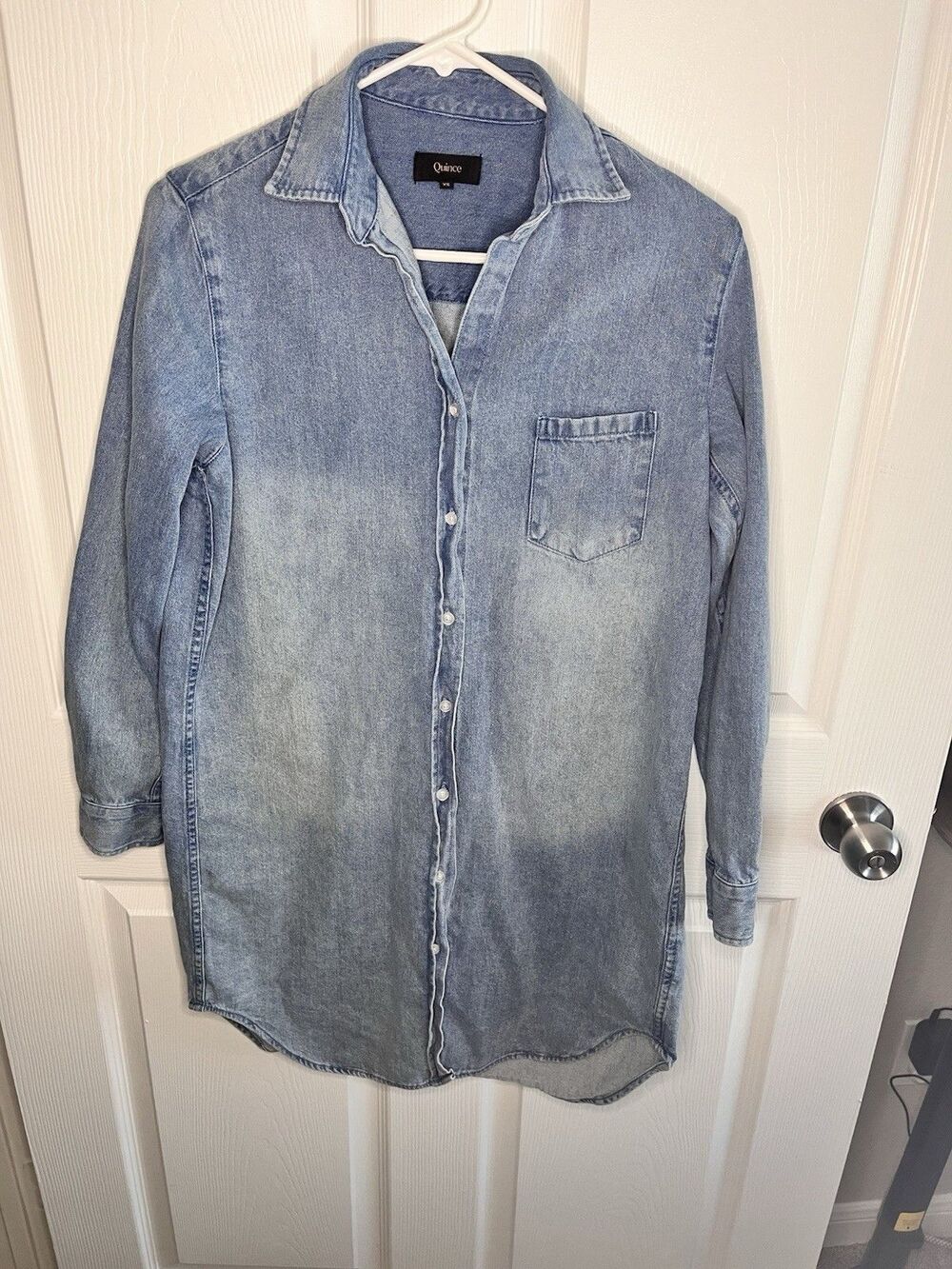 Quince Distressed Blue Denim Shirt Dress Size XS Chambray Summer Teacher Work